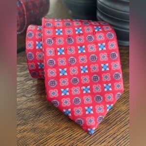 Ermenegildo Zegna Red Silk Tie with Blue & White Geometric Motif Extra Long 61”